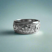 Load image into Gallery viewer, Raised Plumeria w/ Leaves and Old English 8mm &quot;Kuuipo&quot; Ring in 14K White Gold in size 7
