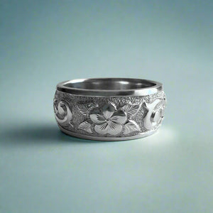 Raised Plumeria w/ Leaves and Old English 8mm "Kuuipo" Ring in 14K White Gold in size 7