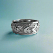 Load image into Gallery viewer, Raised Plumeria w/ Leaves and Old English 8mm &quot;Kuuipo&quot; Ring in 14K White Gold in size 7
