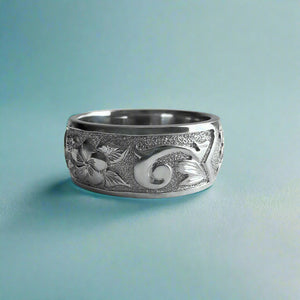 Raised Plumeria w/ Leaves and Old English 8mm "Kuuipo" Ring in 14K White Gold in size 7