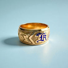 Load image into Gallery viewer, Raised Old English &amp; Plumeria 10mm Enamel &quot;Kuuipo&quot; Ring in 14K Yellow Gold
