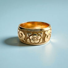 Load image into Gallery viewer, Raised Old English &amp; Plumeria 10mm Enamel &quot;Kuuipo&quot; Ring in 14K Yellow Gold
