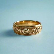 Load image into Gallery viewer, Raised Old English and Plumeria with Leaves 6mm Ring in 14K Yellow Gold in size 7
