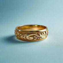 Load image into Gallery viewer, Raised Old English and Plumeria with Leaves 6mm Ring in 14K Yellow Gold in size 7
