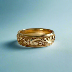 Raised Old English and Plumeria with Leaves 6mm Ring in 14K Yellow Gold in size 7