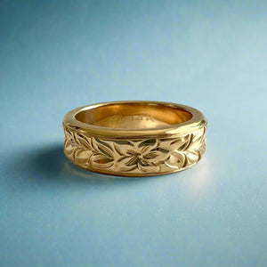 Concave Shiny Maile & Hibiscus 6mm Ring in 14K Yellow Gold in size 6