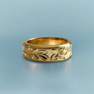 Concave Shiny Maile & Hibiscus 6mm Ring in 14K Yellow Gold in size 6