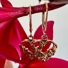 Load image into Gallery viewer, Three Plumeria Heart Lever Back Dangling Earrings in 14k Yellow, White or Pink Gold
