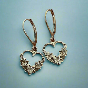 Three Plumeria Heart Lever Back Dangling Earrings in 14k Yellow, White or Pink Gold