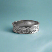 Load image into Gallery viewer, Concave Plumeria with Leaves All Around 6mm Ring in 14K White Gold in size 9 5/8
