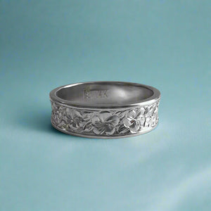 Concave Plumeria with Leaves All Around 6mm Ring in 14K White Gold in size 9 5/8