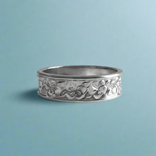 Load image into Gallery viewer, Concave Plumeria with Leaves All Around 6mm Ring in 14K White Gold in size 9 5/8
