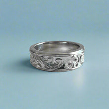 Load image into Gallery viewer, Concave Old English &amp; Plumeria 6mm Ring in 14K White Gold in size 4 3/4
