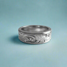 Load image into Gallery viewer, Concave Old English &amp; Plumeria 6mm Ring in 14K White Gold in size 4 3/4
