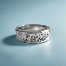 Load image into Gallery viewer, Concave Old English &amp; Plumeria 6mm Ring in 14K White Gold in size 4 3/4
