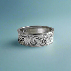 Concave Old English & Hibiscus 6mm Ring in 14K White Gold in size 5