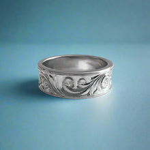 Load image into Gallery viewer, Concave Old English &amp; Hibiscus 6mm Ring in 14K White Gold in size 5
