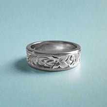 Load image into Gallery viewer, Concave Old English &amp; Hibiscus 6mm Ring in 14K White Gold in size 6
