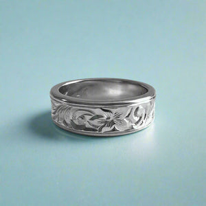 Concave Old English & Hibiscus 6mm Ring in 14K White Gold in size 6