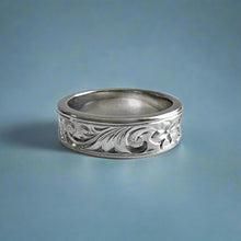 Load image into Gallery viewer, Concave Old English &amp; Hibiscus 6mm Ring in 14K White Gold in size 6

