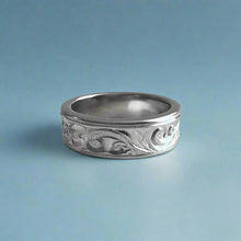 Load image into Gallery viewer, Concave Old English &amp; Hibiscus 6mm Ring in 14K White Gold in size 6
