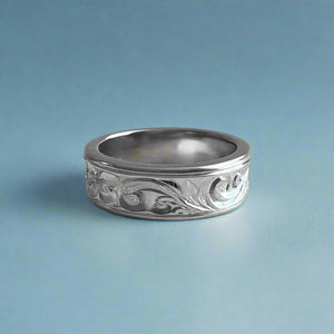Concave Old English & Hibiscus 6mm Ring in 14K White Gold in size 6