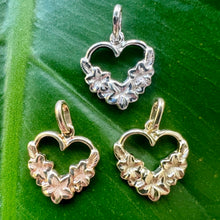 Load image into Gallery viewer, Hawaiian heart flower pendants in Yellow Pink and White Gold
