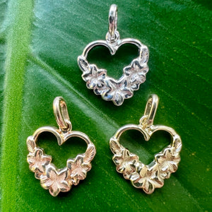 Hawaiian heart flower pendants in Yellow Pink and White Gold