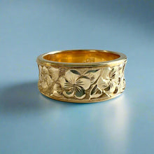 Load image into Gallery viewer, Concave Plumeria with Leaves All Around 8mm Ring in 14K Yellow Gold in size 8 1/8
