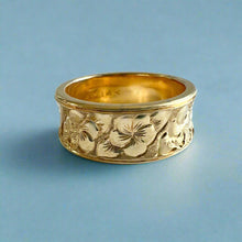 Load image into Gallery viewer, Concave Plumeria with Leaves All Around 8mm Ring in 14K Yellow Gold in size 8 1/8
