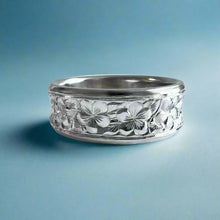 Load image into Gallery viewer, Concave Plumeria with Leaves All Around 8mm Ring in 14K White Gold in size 10
