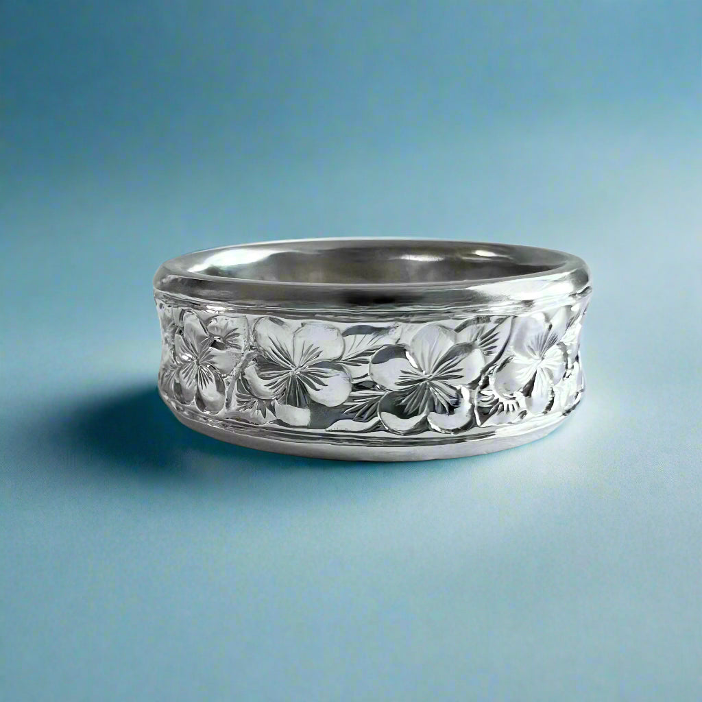 Concave Plumeria with Leaves All Around 8mm Ring in 14K White Gold in size 10