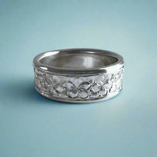 Load image into Gallery viewer, Concave Plumeria with Leaves All Around 8mm Ring in 14K White Gold in size 10
