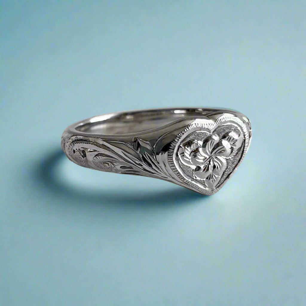 Heart Ring w/ Old English & Flower in 14K White or Green Gold
