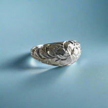 Load image into Gallery viewer, Hawaiian Dome Ring with Plumeria &amp; Maile in 14K White Gold
