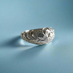Hawaiian Dome Ring with Plumeria & Maile in 14K White Gold