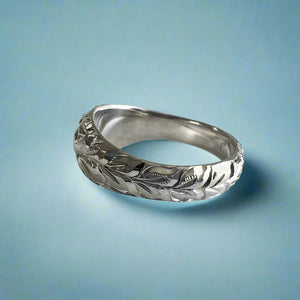 Hawaiian Dome Ring with Plumeria & Maile in 14K White Gold