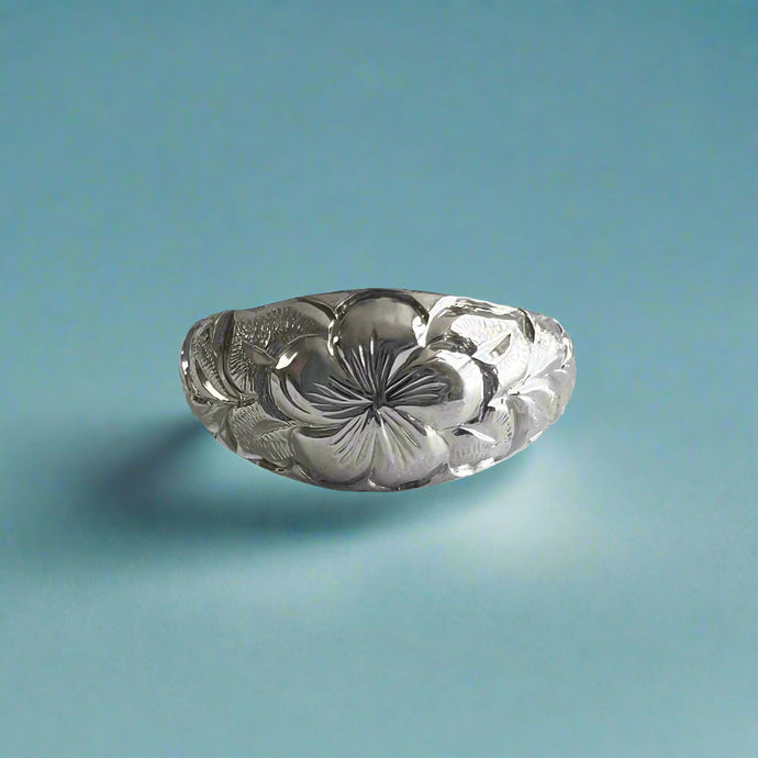 Hawaiian Dome Ring with Plumeria & Maile in 14K White Gold