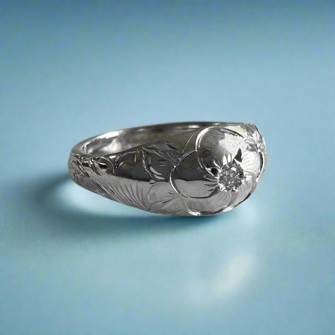 Hawaiian Dome Ring with Plumeria, Diamond & Old English in 14K White Gold