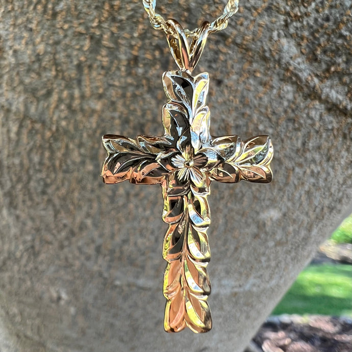 Hawaiian Cross pendant with plumeria flower and engraving 