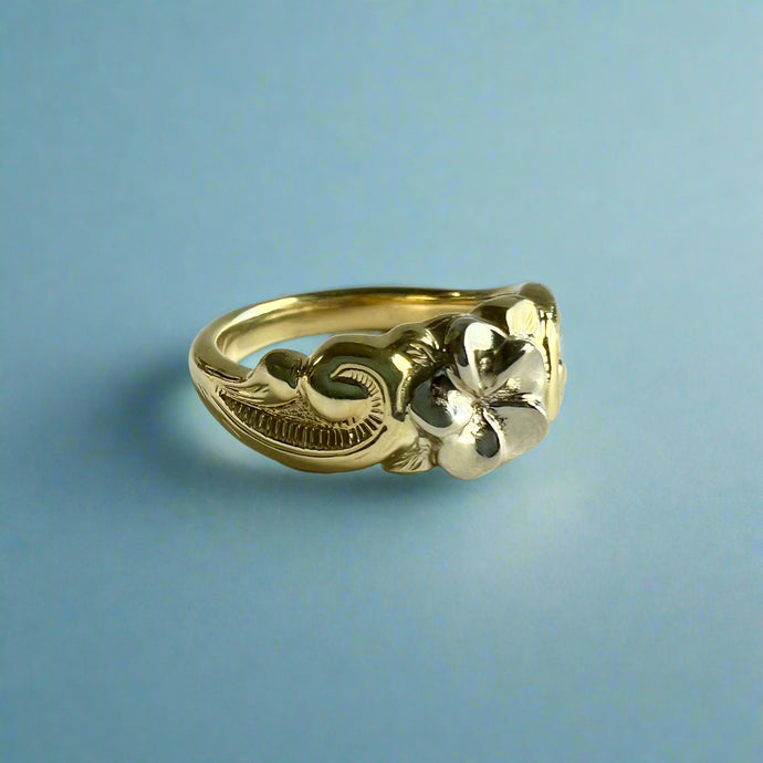 Two-tone Something Romantic Hawaiian Flower Ring in 18K White & Green Gold