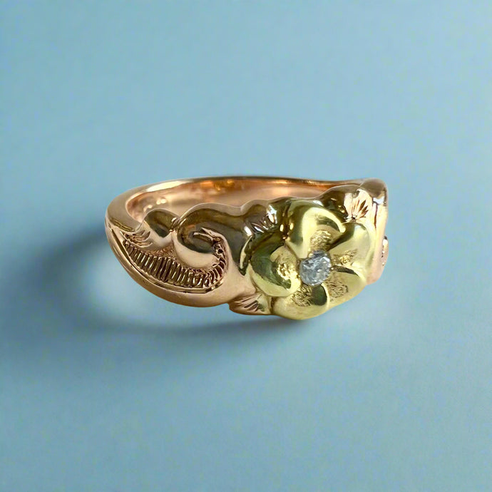Two-tone Something Romantic Hawaiian Flower Ring with Diamond in 14K Green & Pink Gold