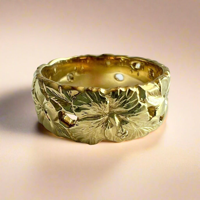 Pukalani Flower 8mm Filigree Hawaiian Ring in 14K Green Gold