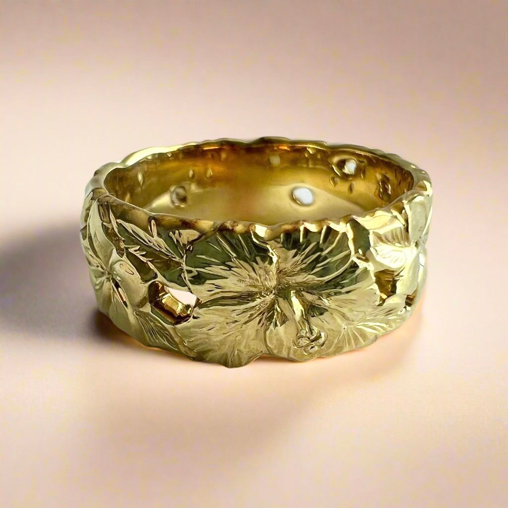 Pukalani Flower 8mm Filigree Hawaiian Ring in 14K Green Gold