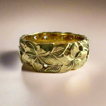 Load image into Gallery viewer, Pukalani Flower 8mm Filigree Hawaiian Ring in 14K Green Gold
