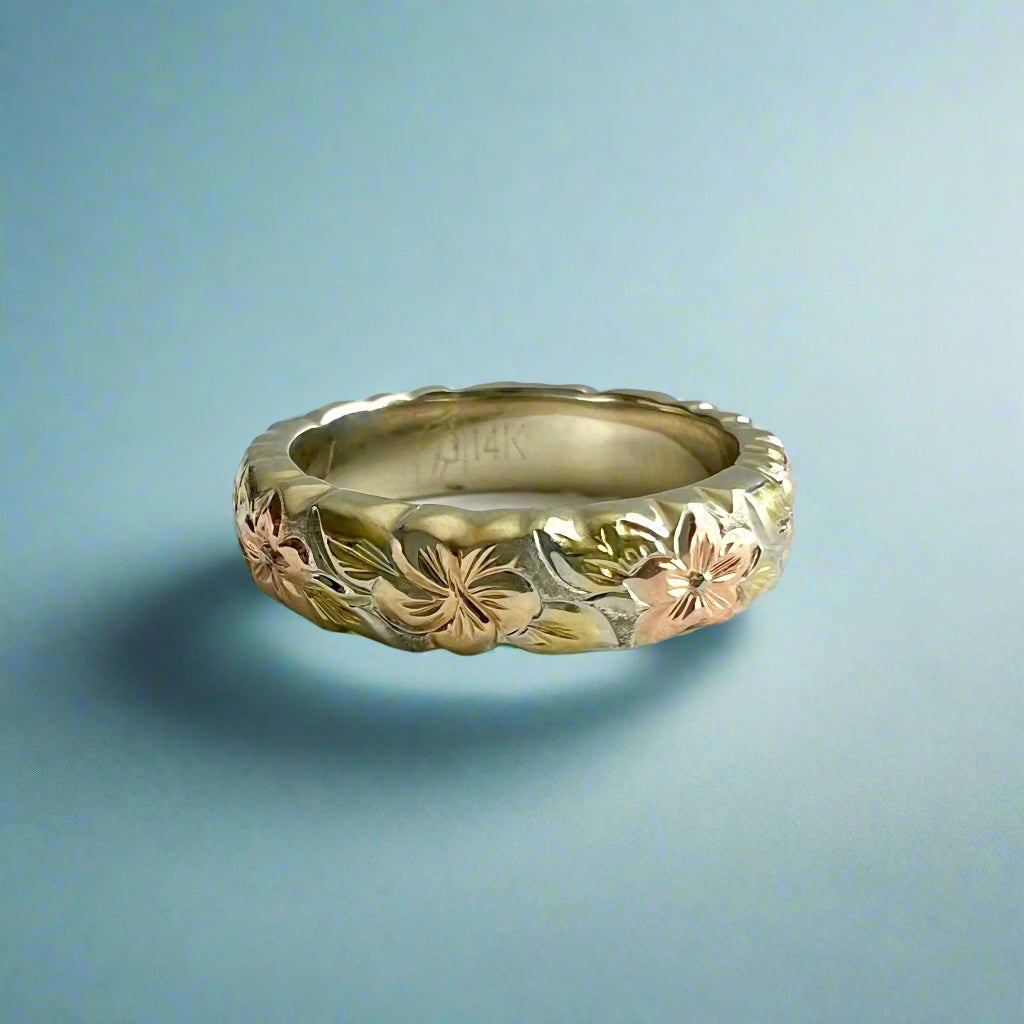Tri-Color Scalloped Haku Lei 4mm Ring in 14K Gold