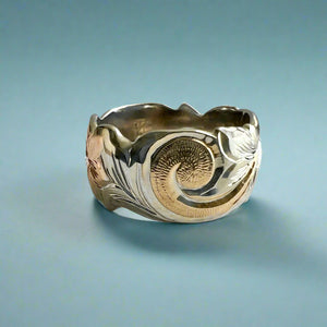 Tri-Color Scalloped Haku Lei 12mm Hawaiian Ring in 14K Gold