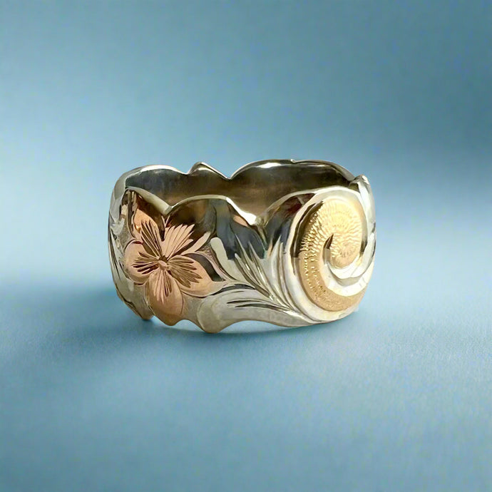 Tri-Color Scalloped Haku Lei 12mm Hawaiian Ring in 14K Gold