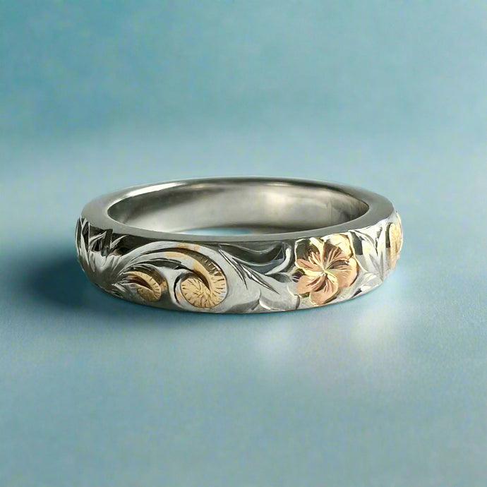 Tri-Color Hawaiian Haku Lei 4mm Ring in 14K Gold