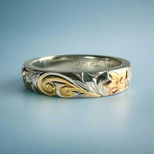 Load image into Gallery viewer, Tri-Color Hawaiian Haku Lei 4mm Ring in Platinum
